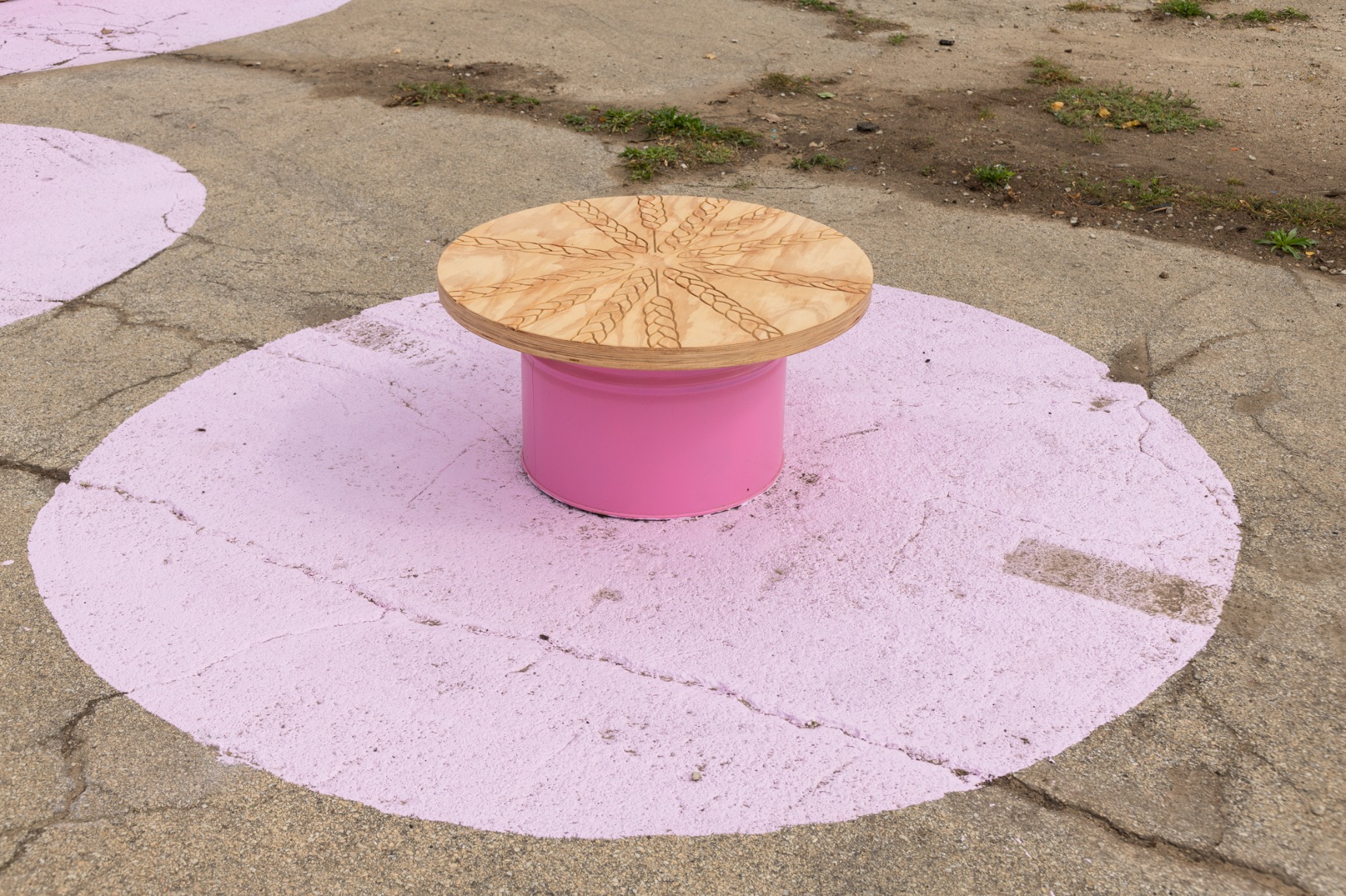 Photo showing part of pavilion. Pink benches with timber tops. The timber has engravings of braid patterns. The ground is concrete with pink circles painted onto it where a bench appears.