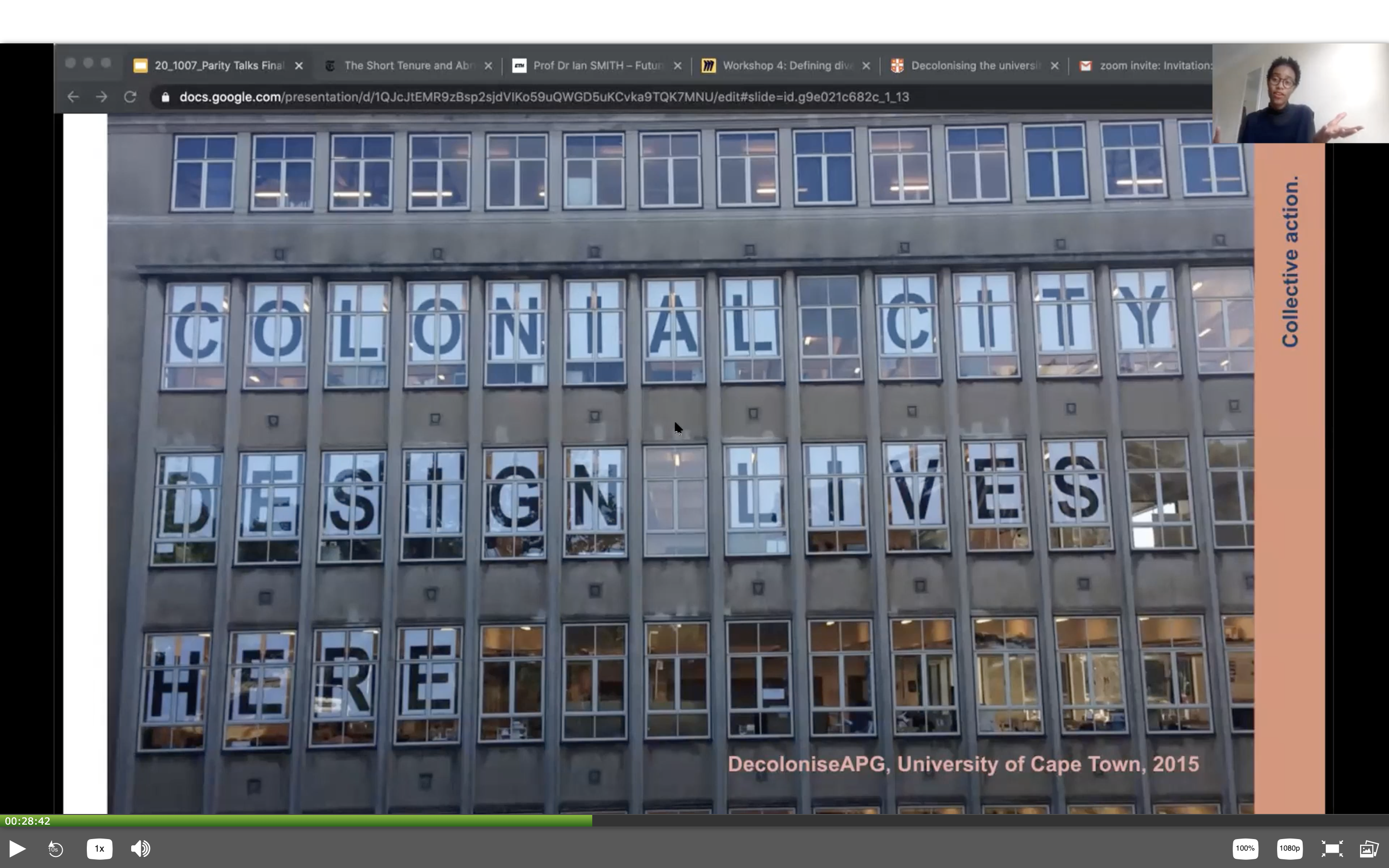 Photo showing Architecture School UCT building with intervention of facade reading 'Colonial City Design Lives Here'