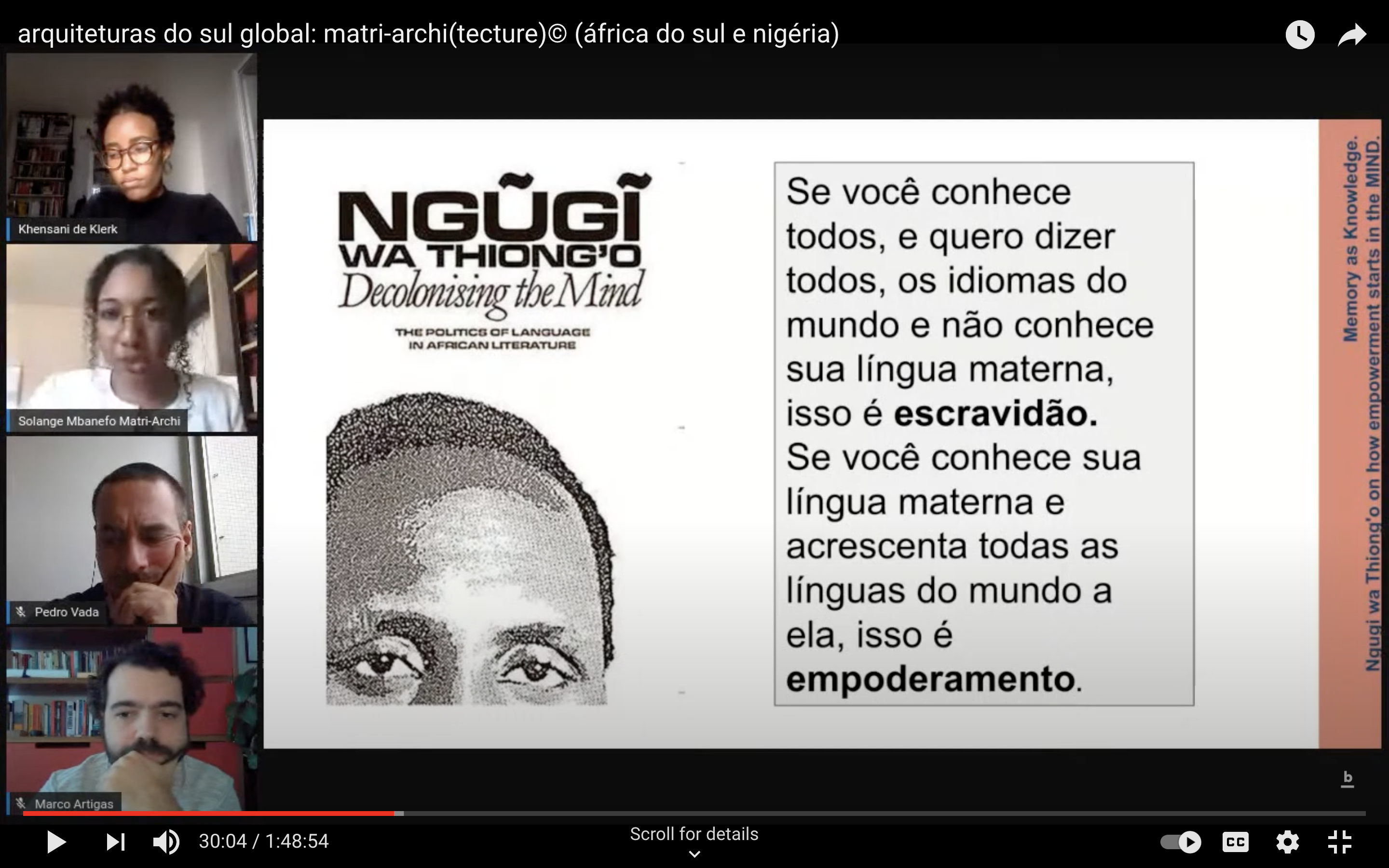 Image still from talk showing a quote from Ngugi Wa Thiongo.